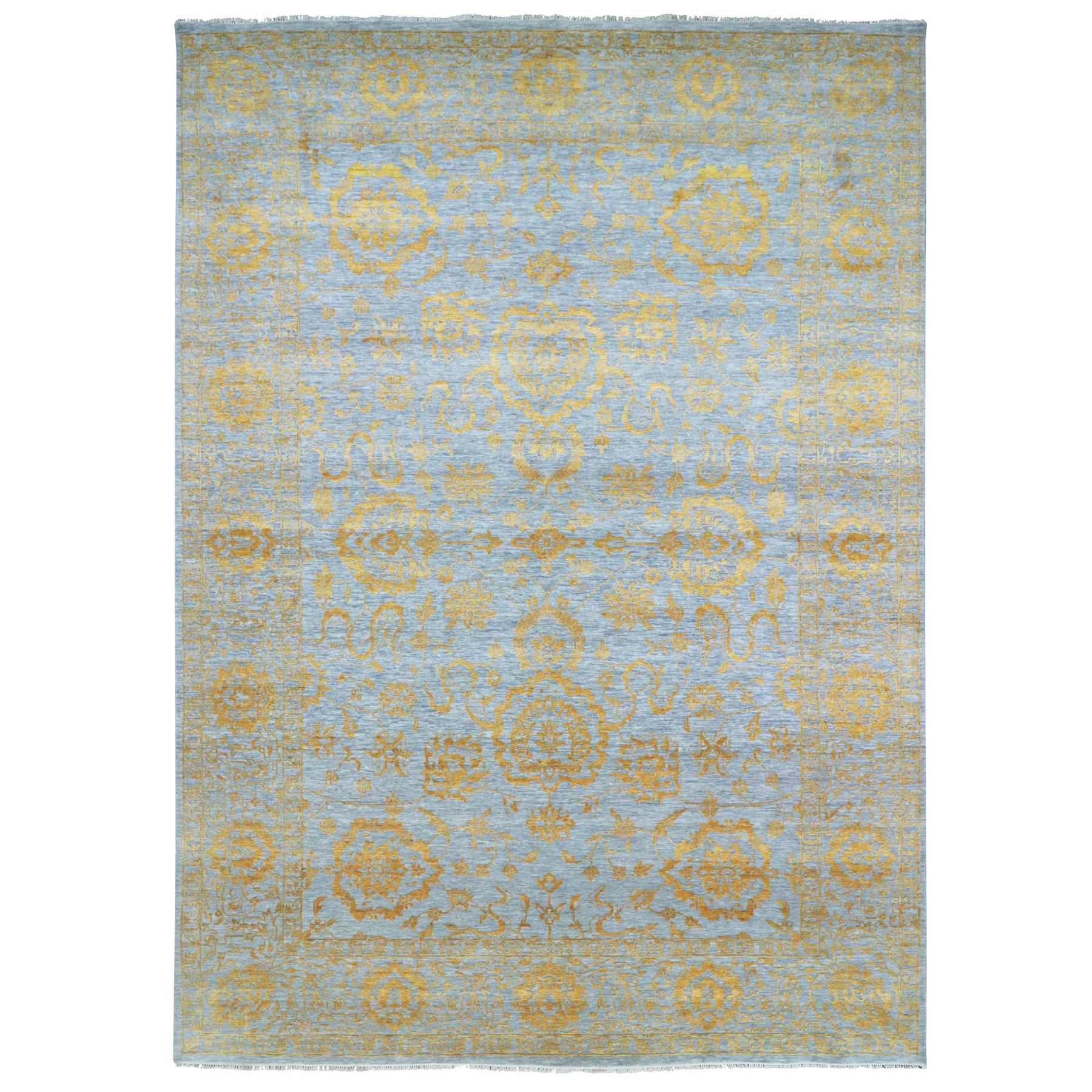 10'x14' Misty Gray with Gold, Tone on Tone, Persian Influence Design, Hand Knotted, Wool & Silk, Oriental Rug 